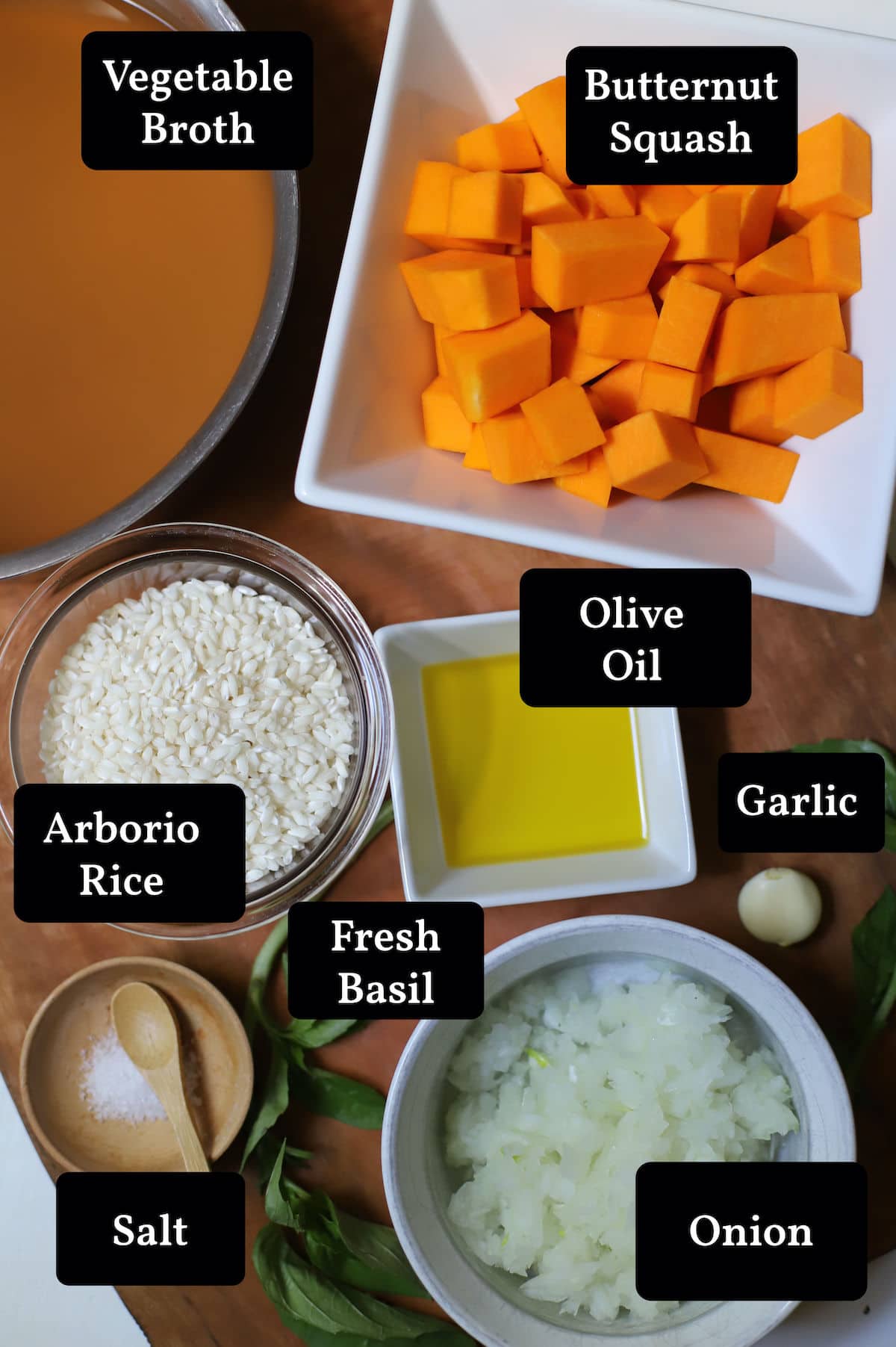 Labeled ingredients for butternut squash risotto.