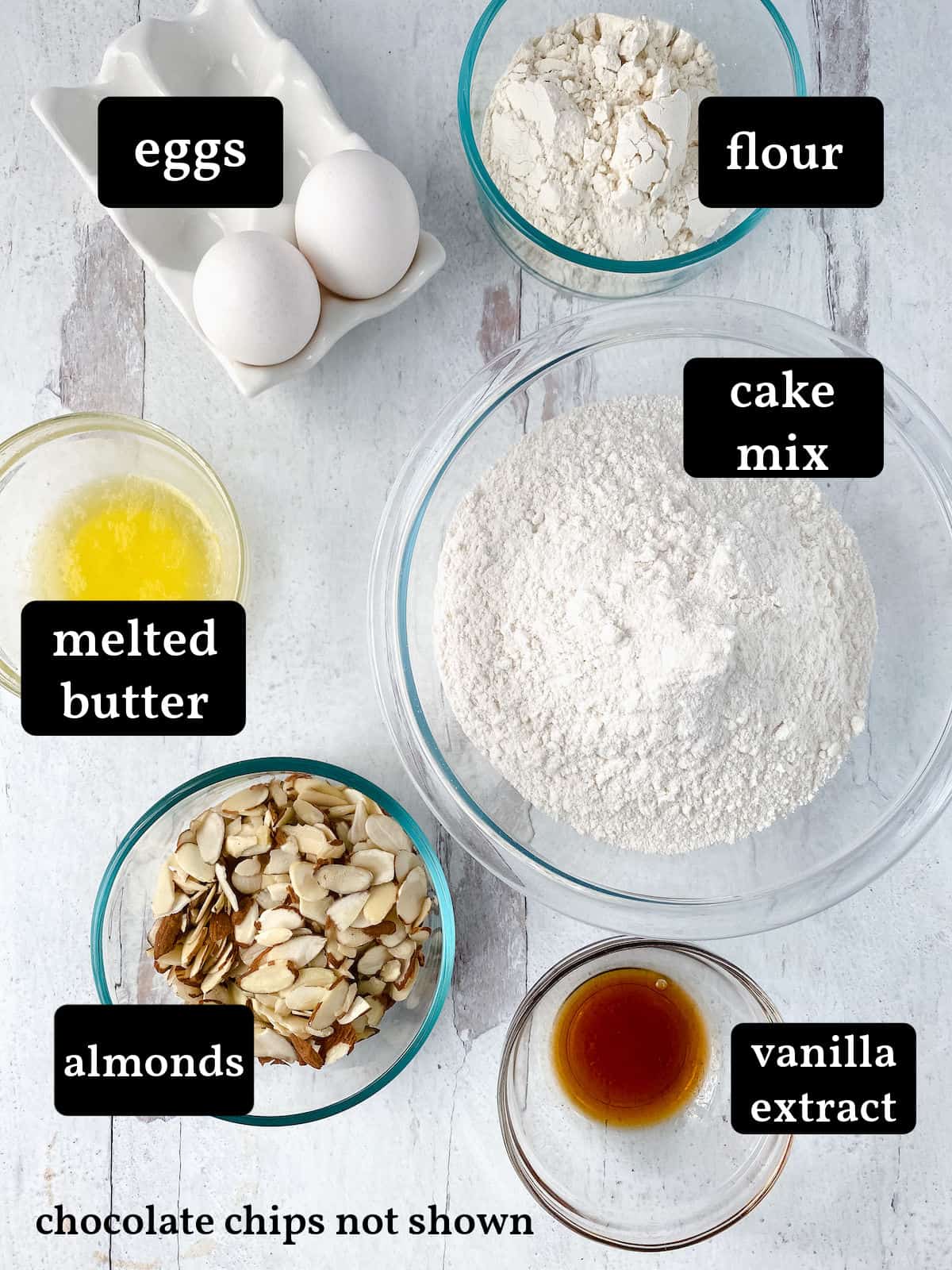 Labeled ingredients for biscotti recipe.