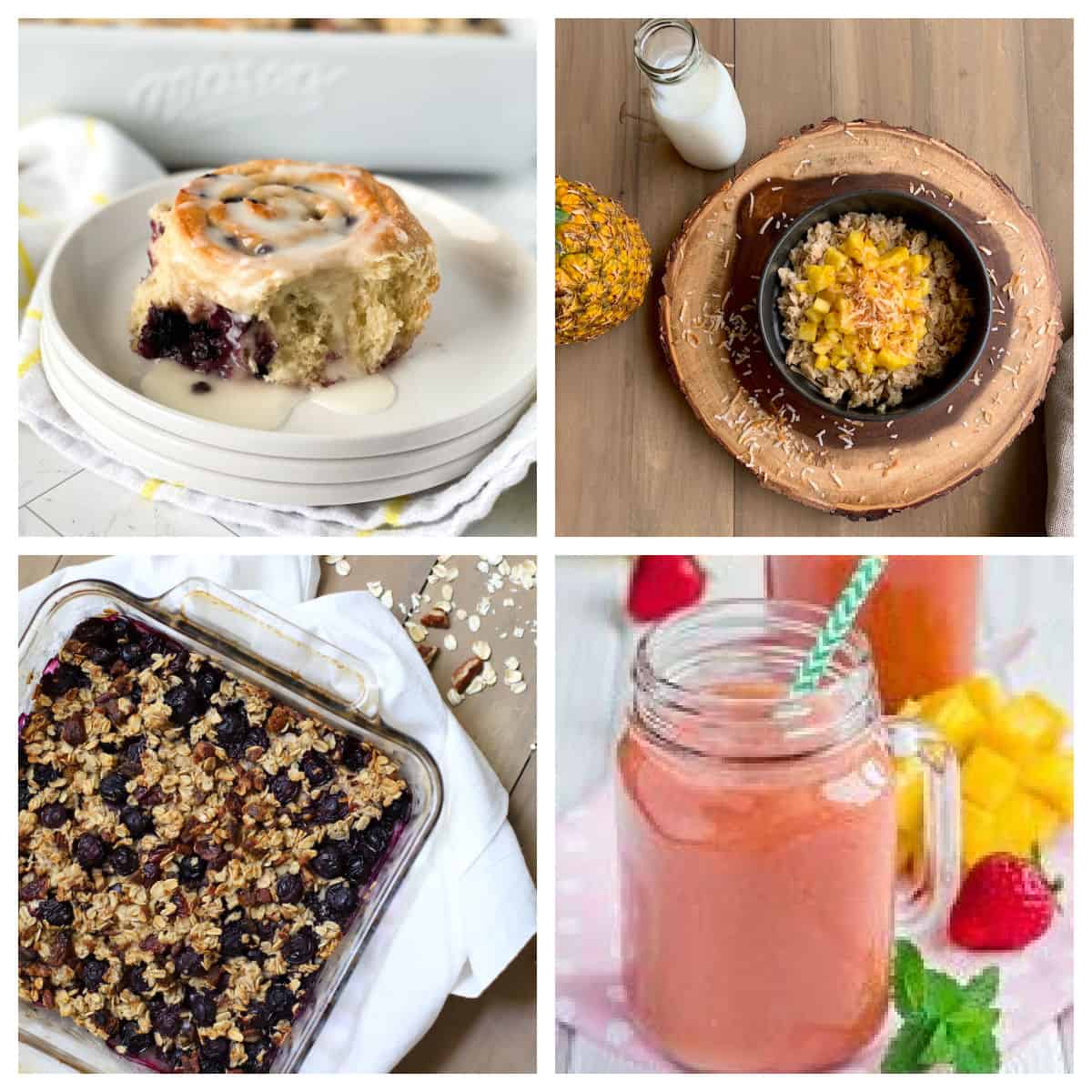 Breakfast bun, oatmeal, baked oatmeal, and a smoothie in a collage.