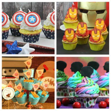 Disney Captain America cupcakes, Iron Man Cupcakes, Moana Cupcakes, and Inside Out Cupcakes in a collage.