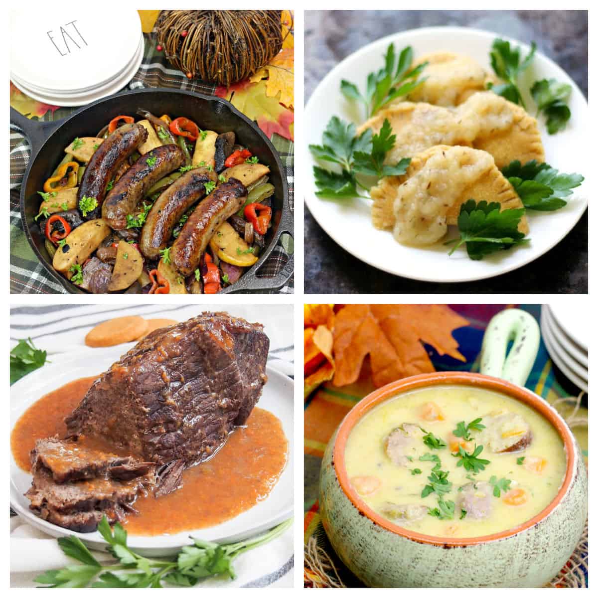 Bratwurst, pierogies, sauerbraten, and brat cheddar soup in a collage.