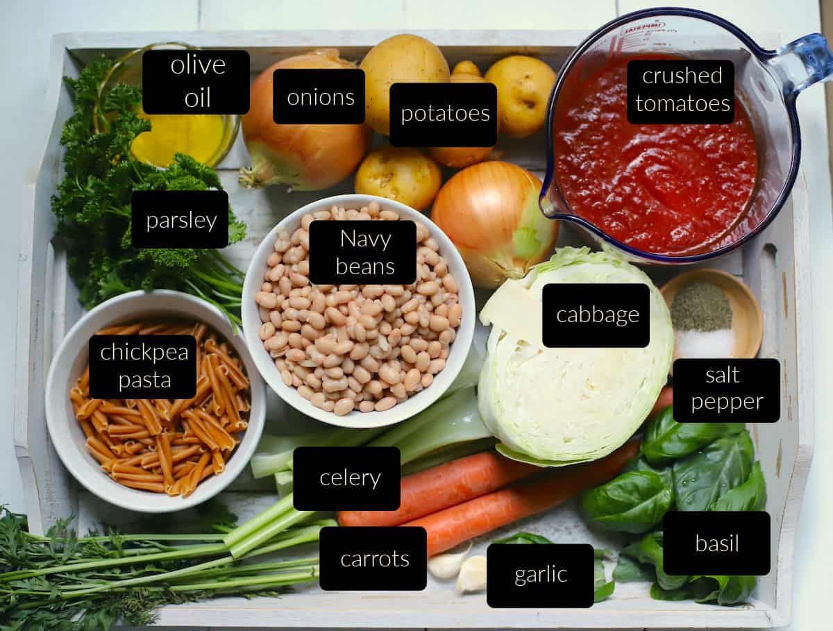 Minestrone soup ingredients with labels.
