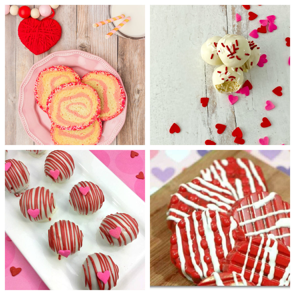 Pinwheel cookies, cookie dough bites, boozy cake bites, and chocolate covered OREOs in a collage.