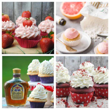 Strawberry cupcakes, champagne cupcakes, red velvet cupcakes, and Crown Royal Cupcakes in a collage.