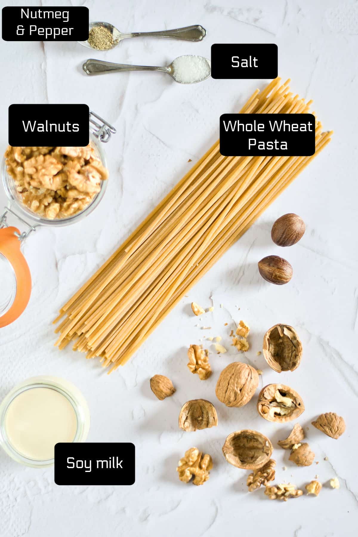 Labeled ingredients for Walnut Sauce with Pasta. 