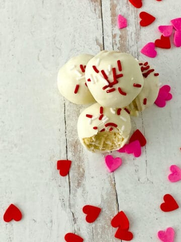 Cookie dough bites decorated for Valentine's Day.