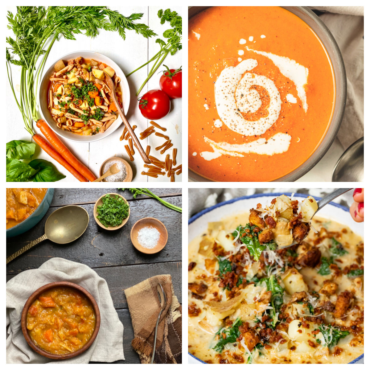 Minestrone, tomato, roasted vegetable, and creamy soup in a collage.