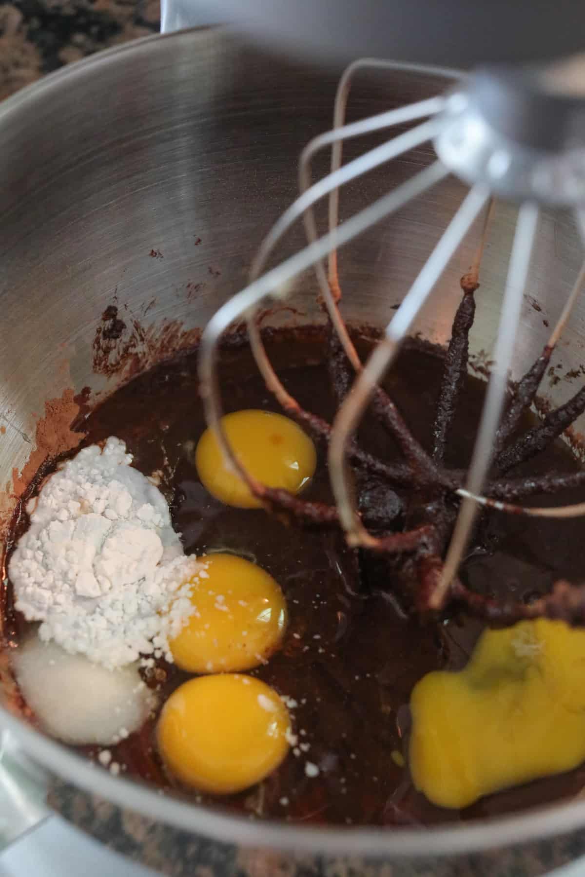 Brownie ingredients in stand mixer.
