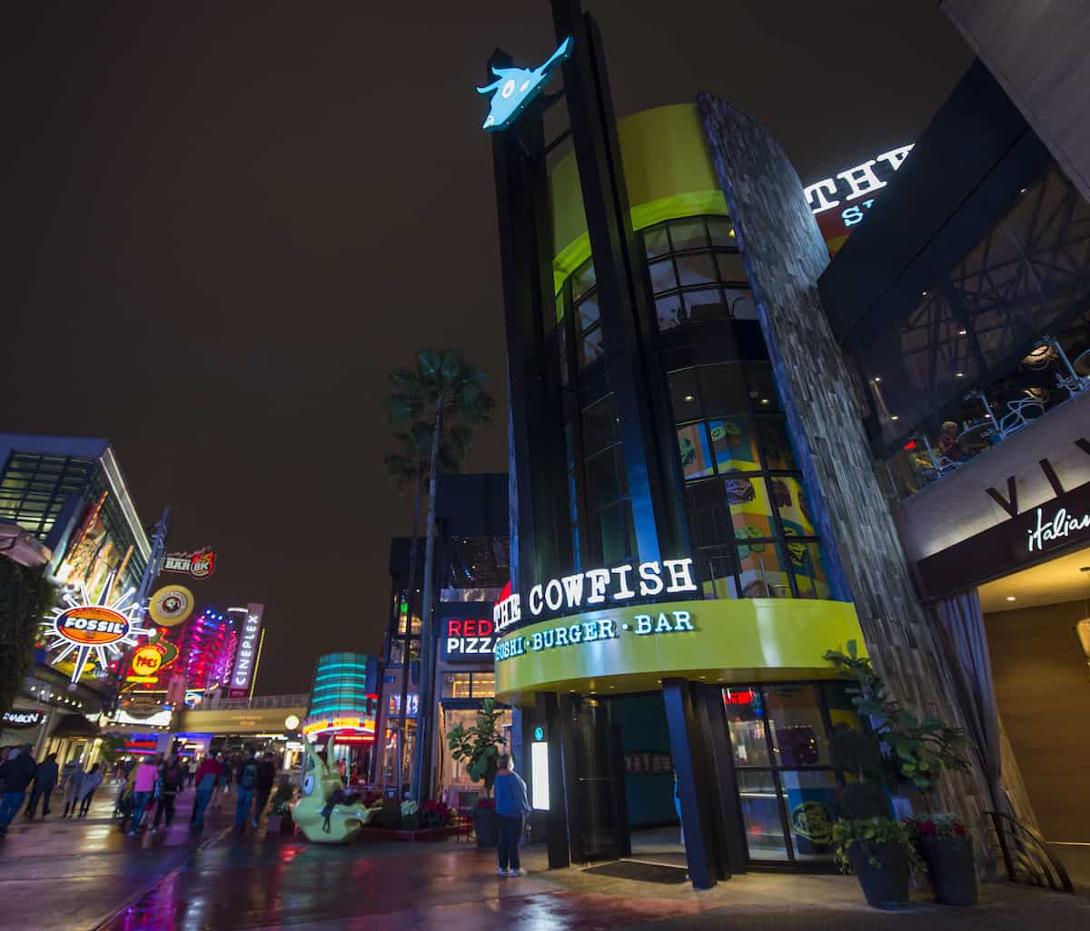 Nighttime at at Cowfish restaurant in CityWalk Orlando Florida.