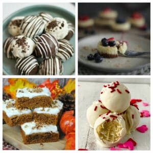 Chocolate cream cheese balls, cheesecake bites, pumpkin bars, and cake bites in a collage.