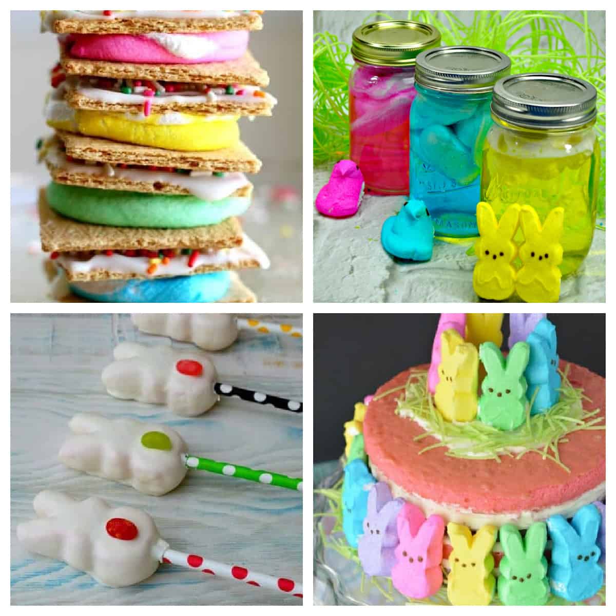Collage of desserts made with Peeps.