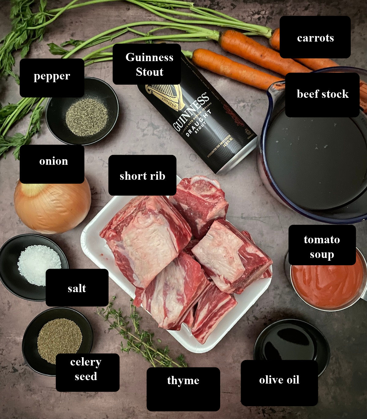Guinness short ribs labeled ingredients.