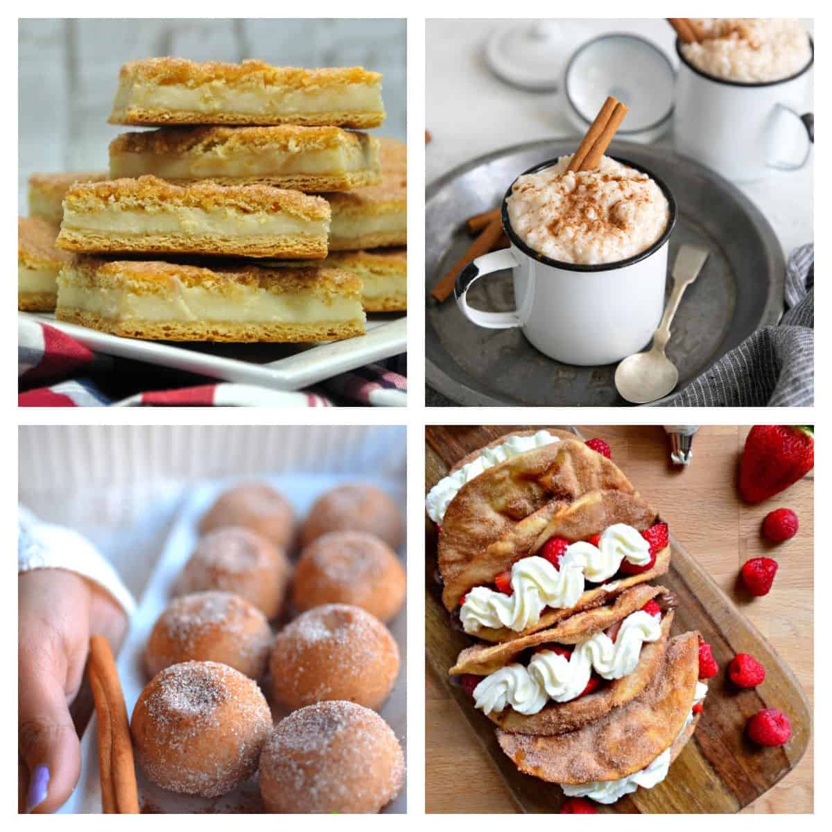 Churro cheesecake bars, rice pudding, churro muffins, and dessert tacos in a collage.