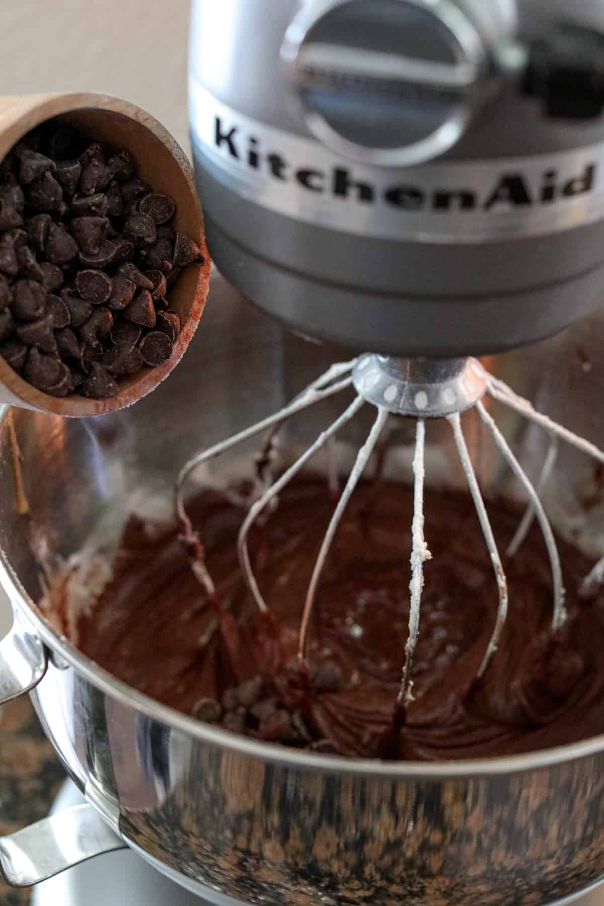 Brownie batter in stand mixer bowl.