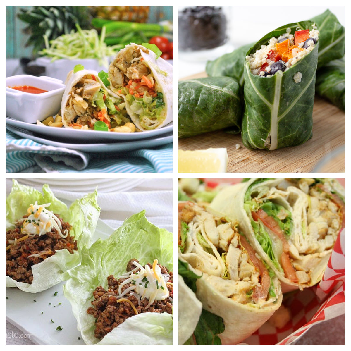 Thai chicken wrap, sweet potato collard wrap, chicken lettuce wrap, chicken wrap.
