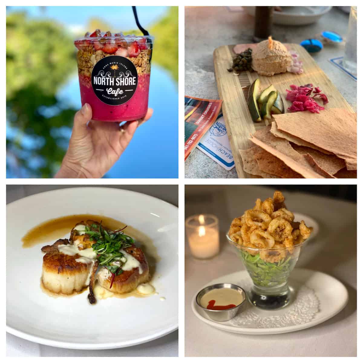 Collage of dishes from Anna Maria Island restaurants.