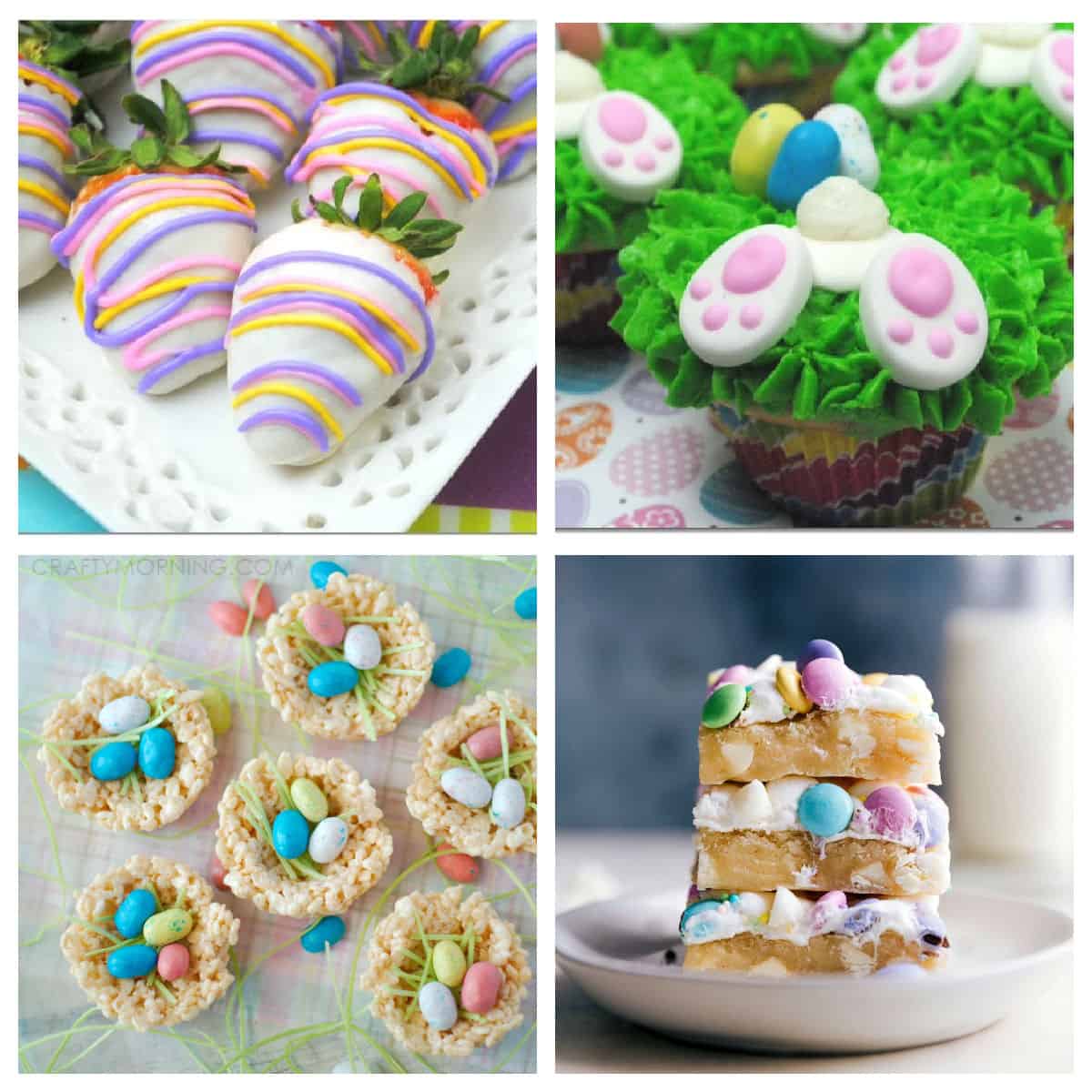 White chocolate covered strawberries, Easter bunny butt cupcake, rice Krispie egg nests, Easter cookie bars in a collage.