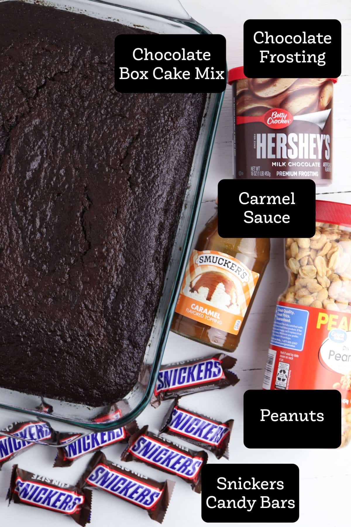 Ingredients to make a Snickers Poke Cake