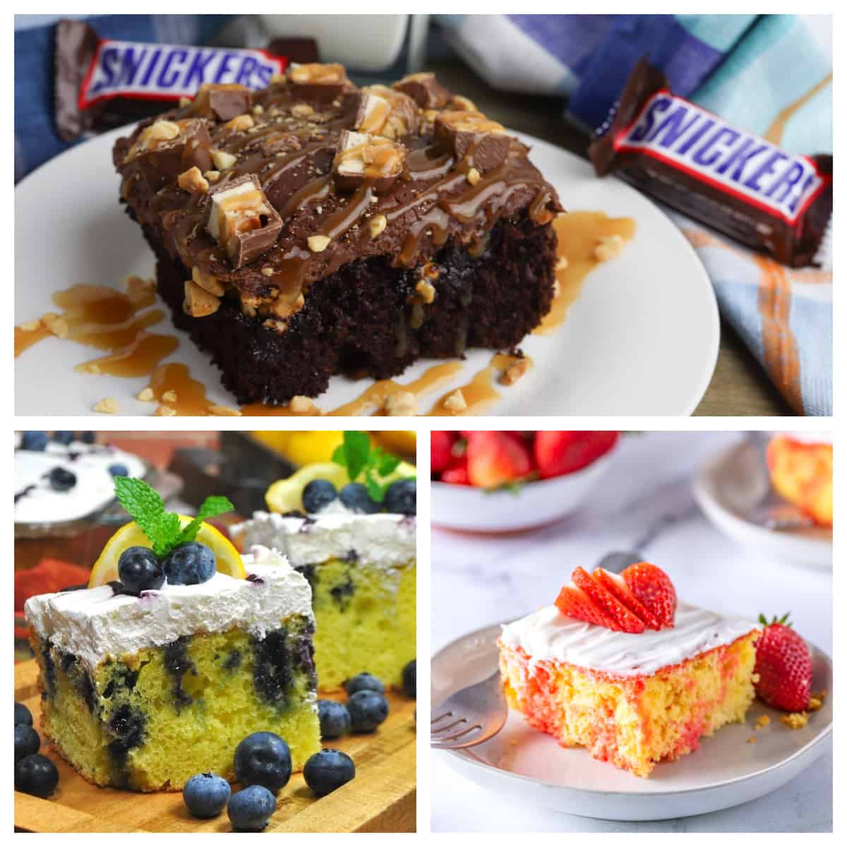 Pieces of different poke cakes in a collage.