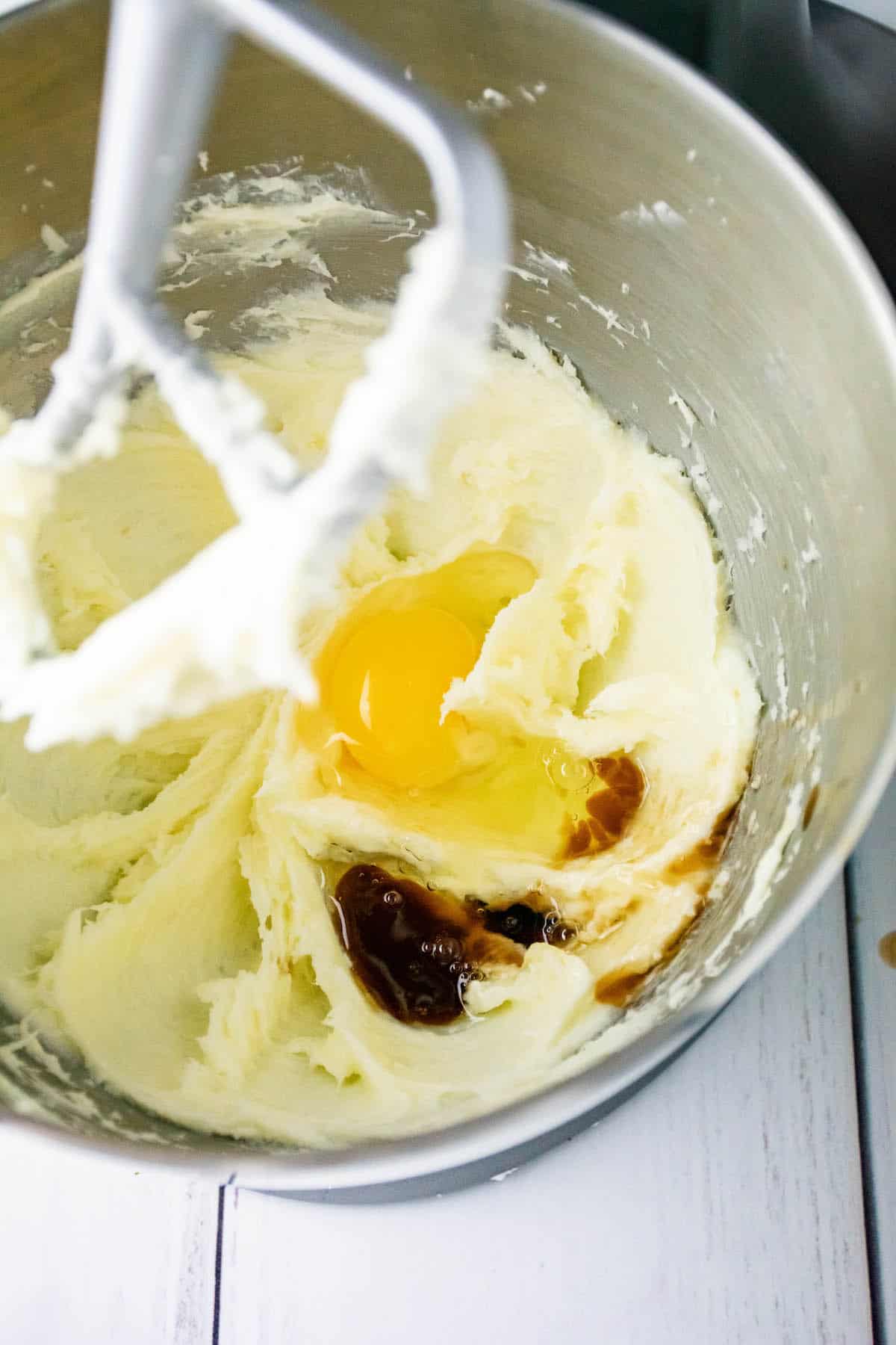 Cream cheese, butter,  sugar, vanilla, eggs in a stand mixer.