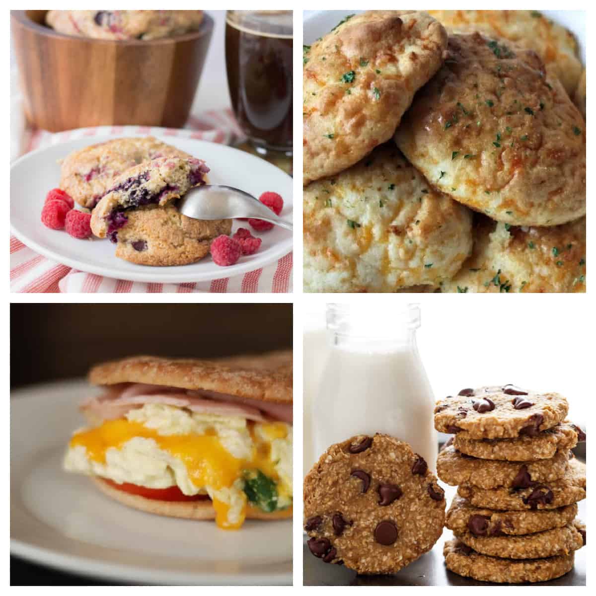 Berry scones, biscuits, egg sandwich, and breakfast cookies in a collage.