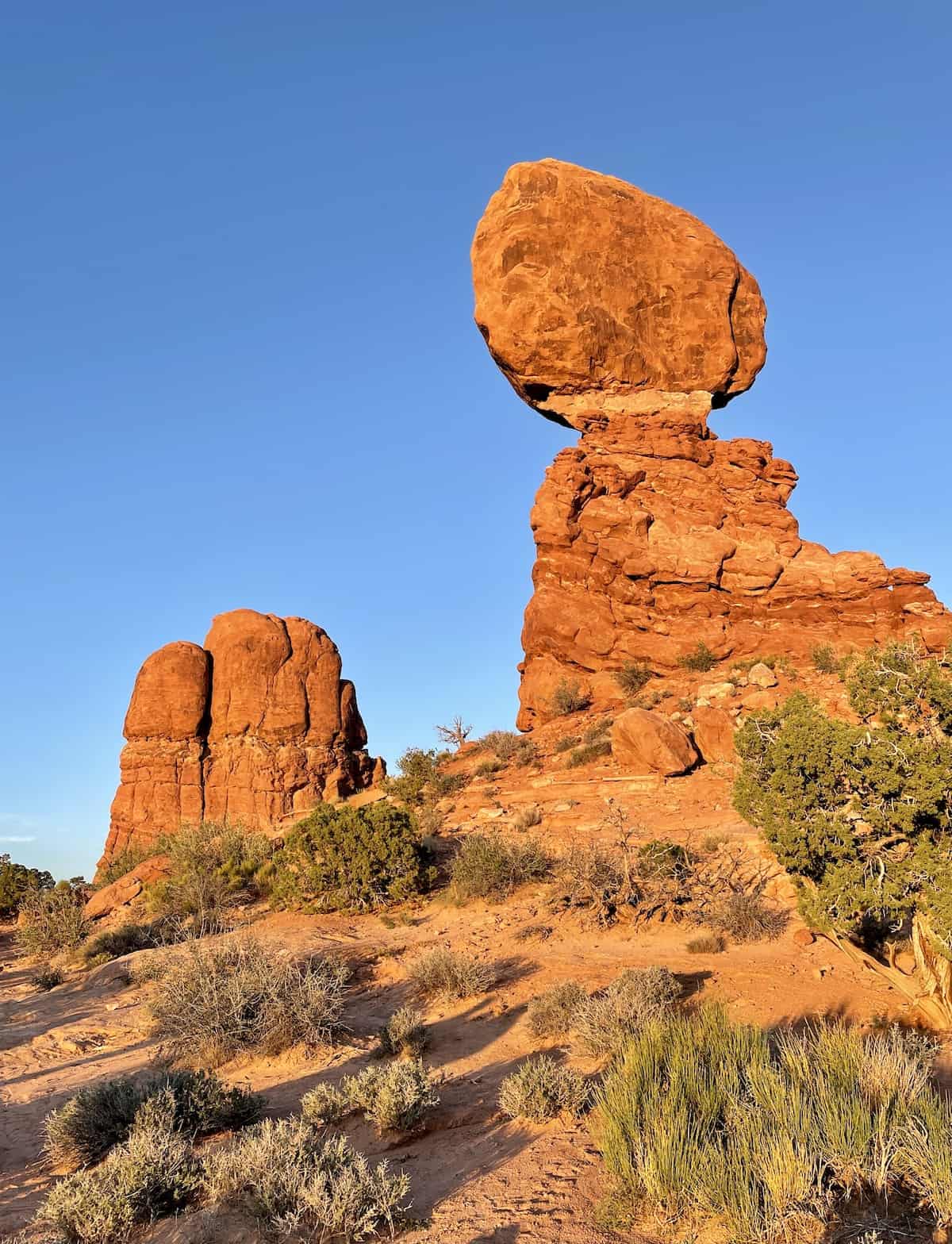 Balanced Rock at sunset at Arches National Park.