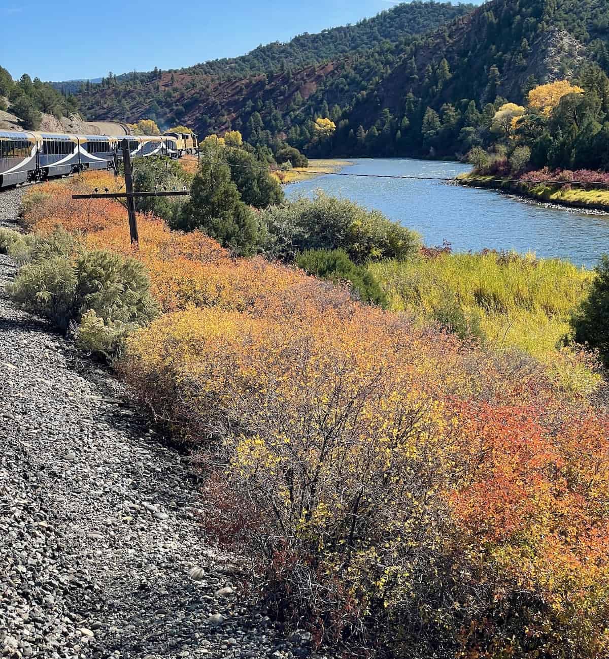 Train going along the river in the fall.