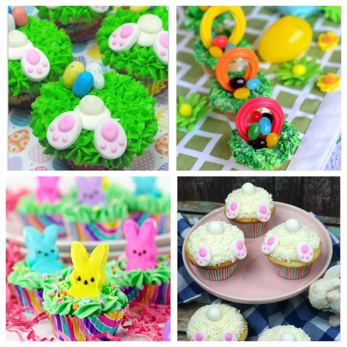 Collage of Easter cupcakes.