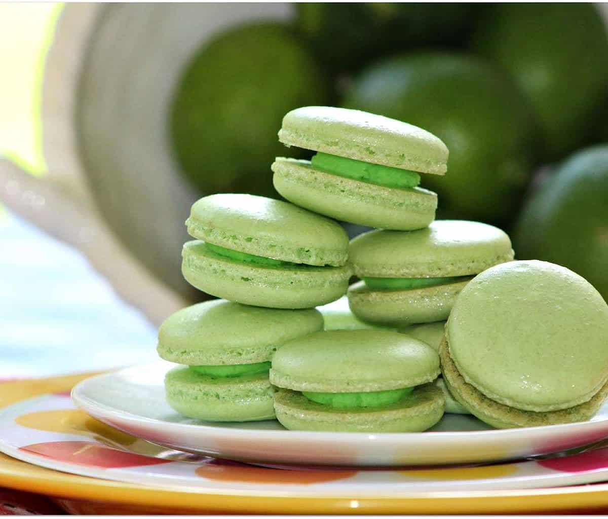Green macaron cookies stacked on a white plate on a flowered placemat.