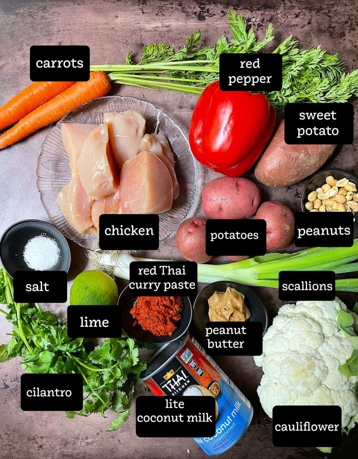 Ingredients for Thai chicken curry on a slate tabletop,