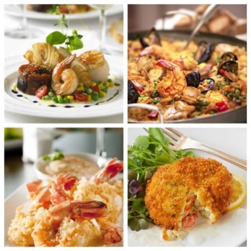 Collage of seafood dishes.