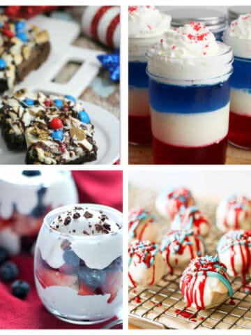 Collage of red, white, and blue desserts for patriotic holidays.