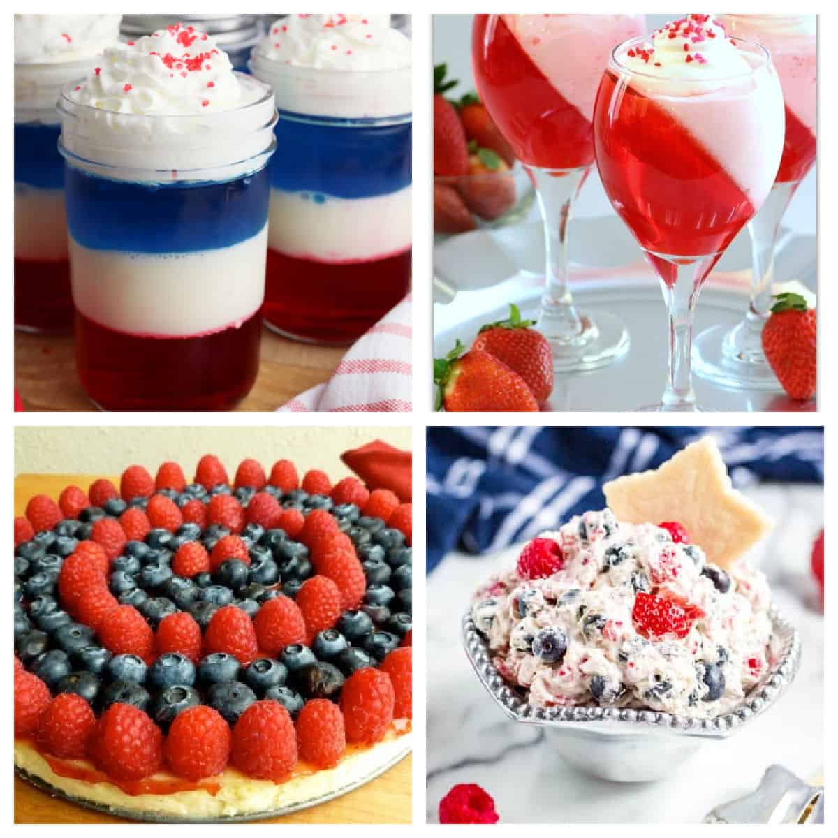 Collage of red, white, and blue desserts.