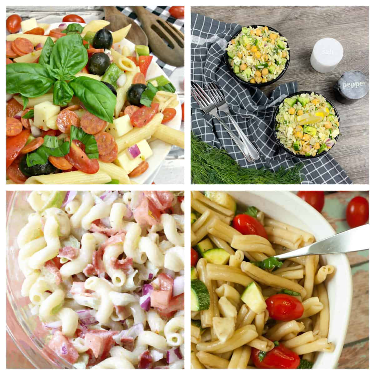 Pasta salad dishes in a collage.