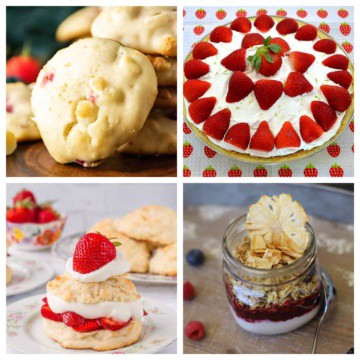 Collage of strawberry desserts.