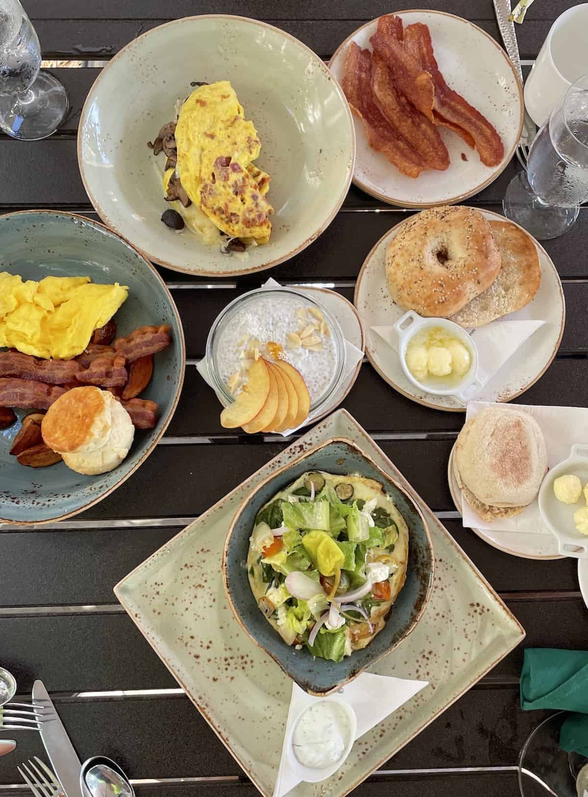 Breakfast dishes on table.