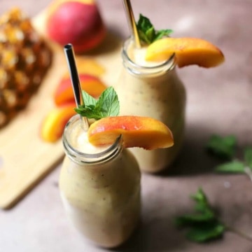 Peach smoothie in a bottle.