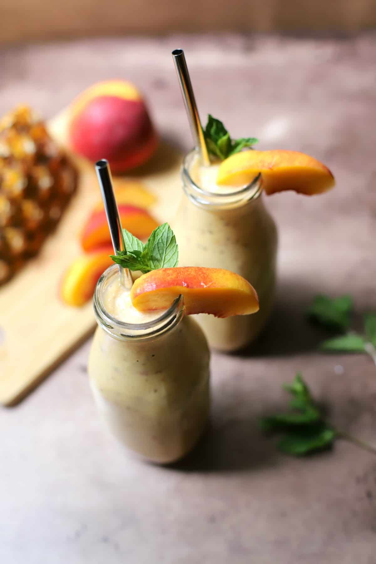 Peach smoothie in a bottle.
