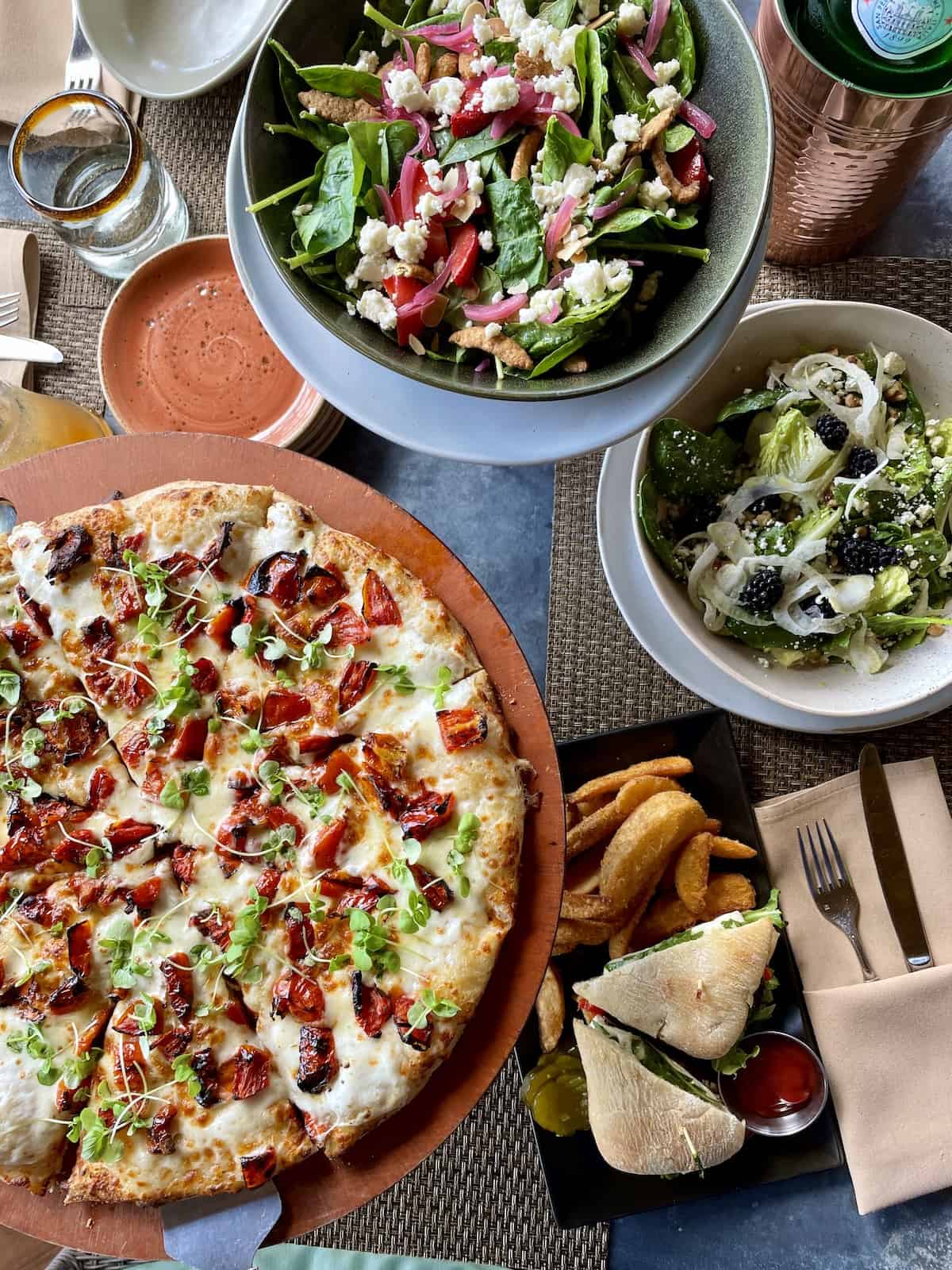 Pizza, salads, and sandwich at The National Tavern on Lake Oconee in Greensboro Georgia.