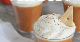 Pumpkin pudding in shot glasses with graham cracker for Pinterest.