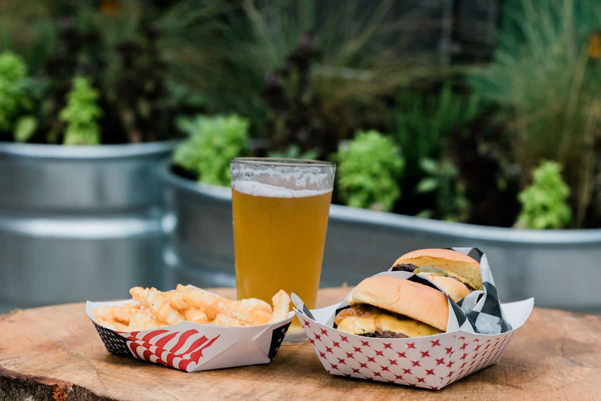 Burger and fries and beer from The Burch and Lake Oconee Brewing.