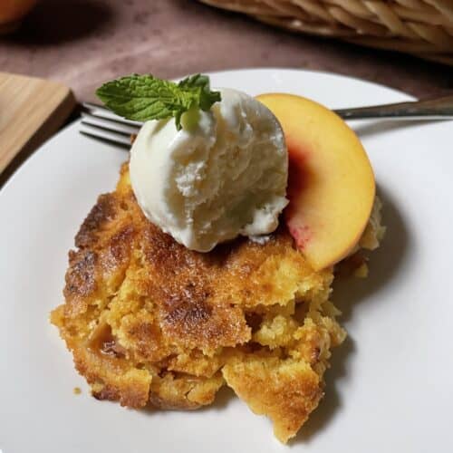 Peach cobbler on a white plate.