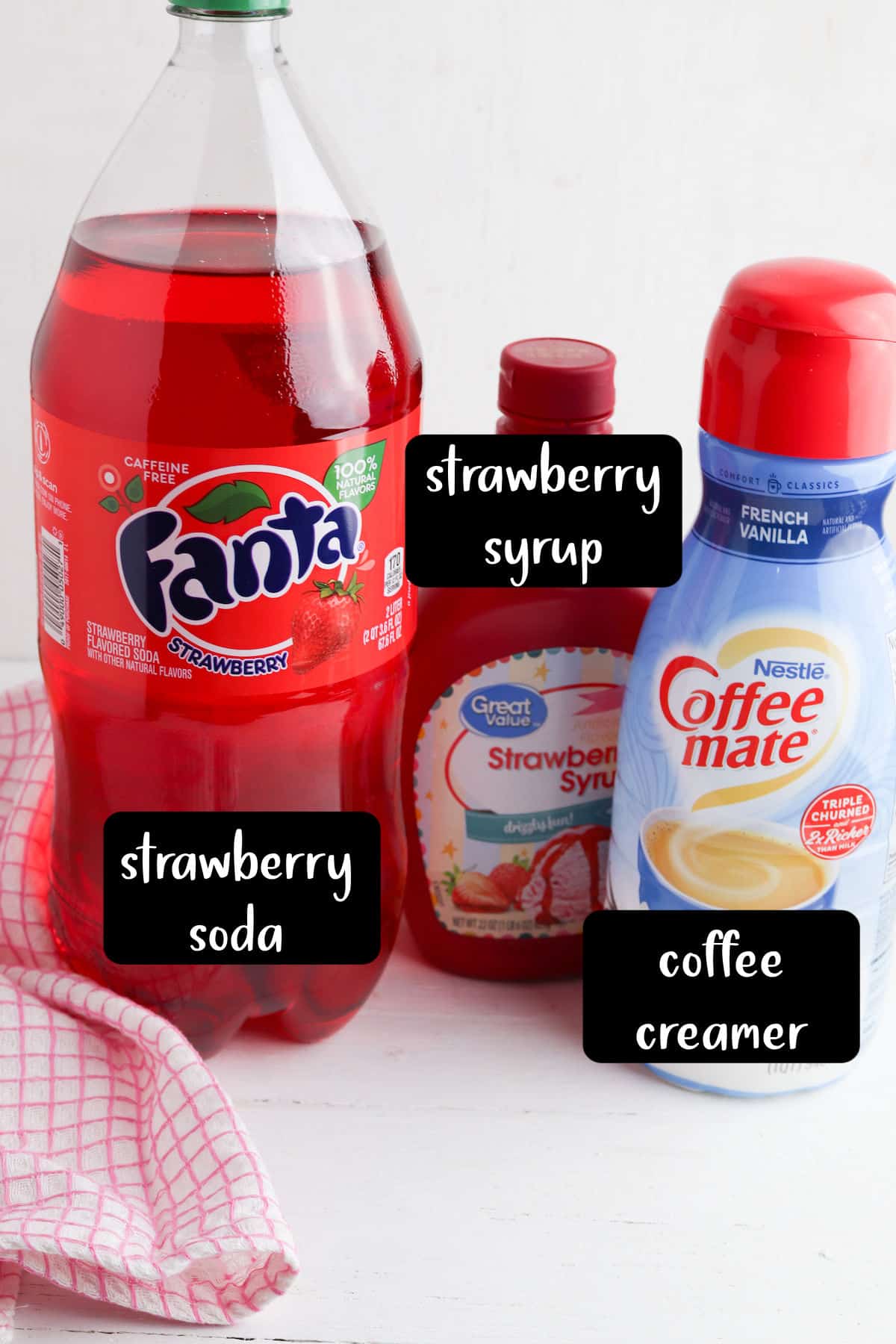 Ingredients to make dirty strawberry soda.