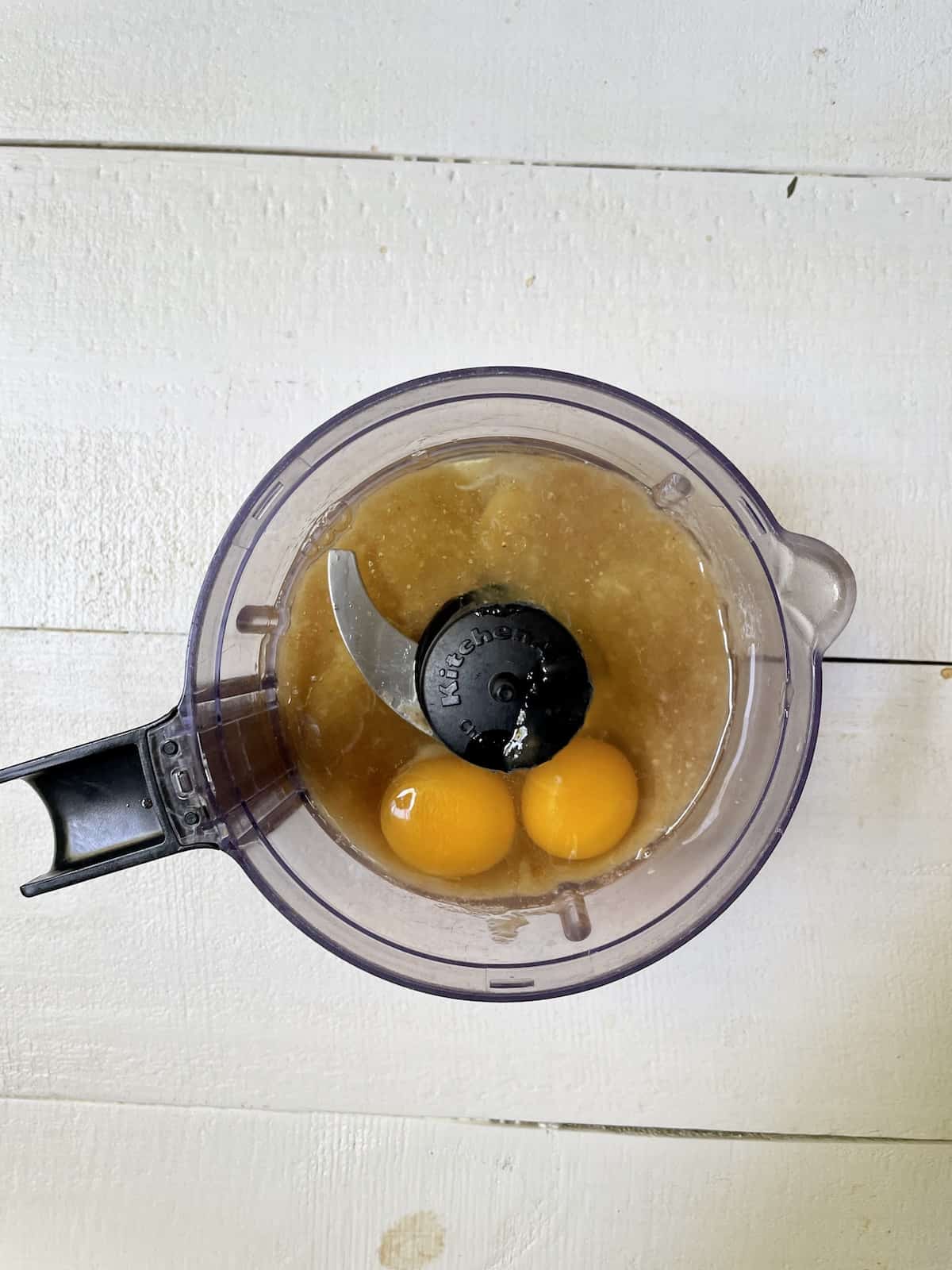 Eggs with other ingredients in food processor.