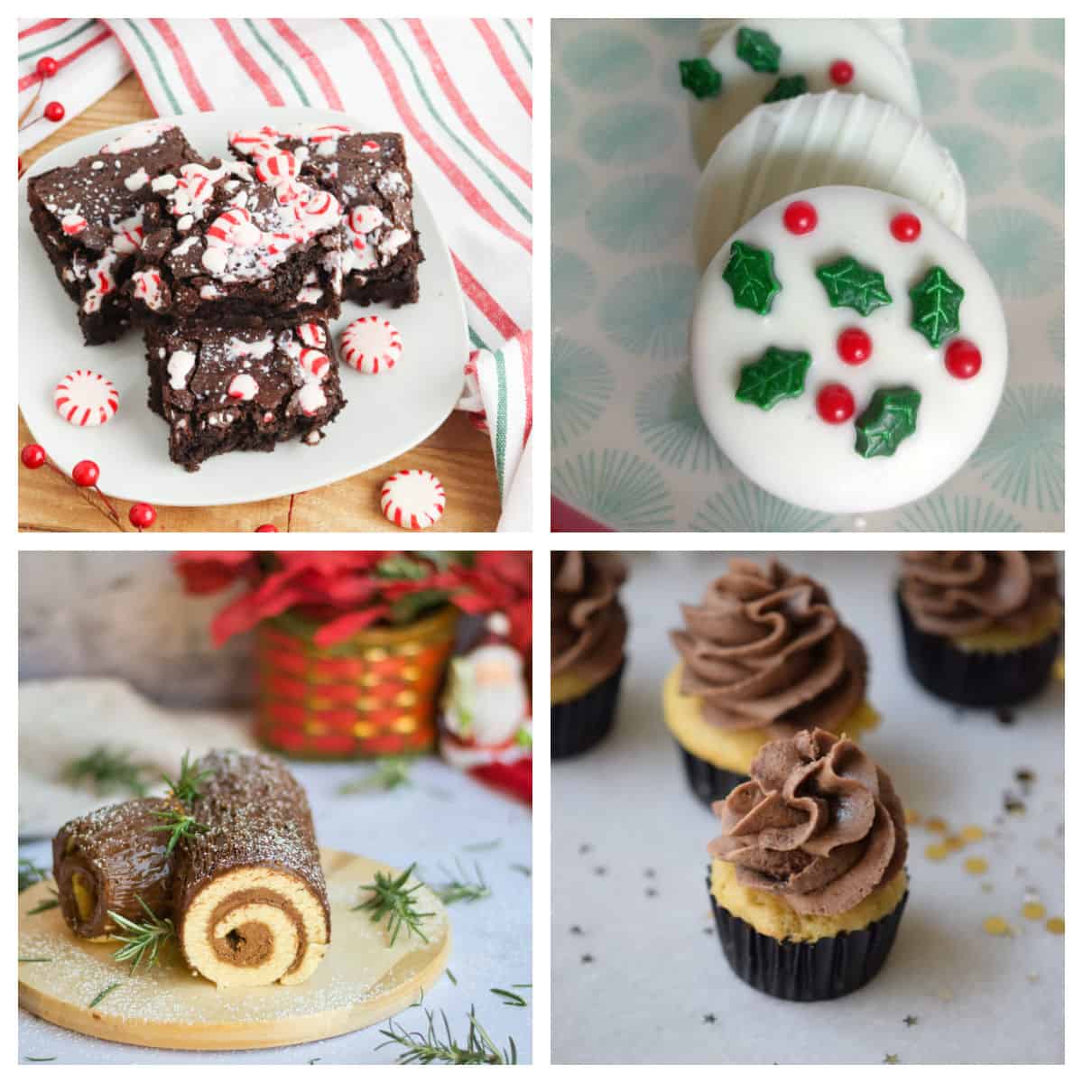 Chocolate Christmas desserts in a collage.