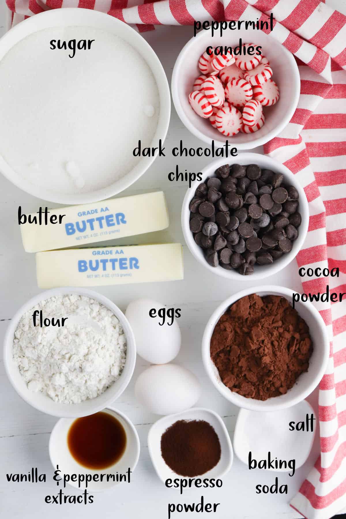 Ingredients to make peppermint brownies.