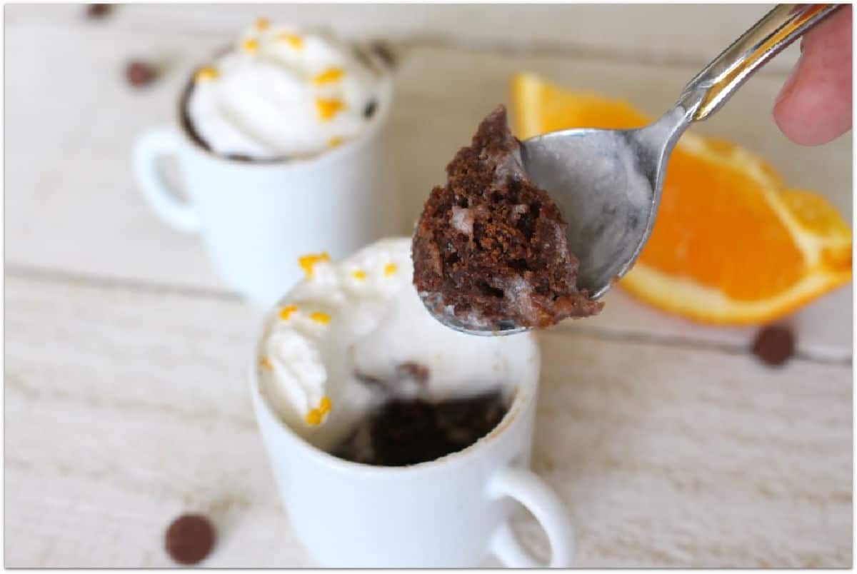 Spoonful of brownie from a mug cake shot.