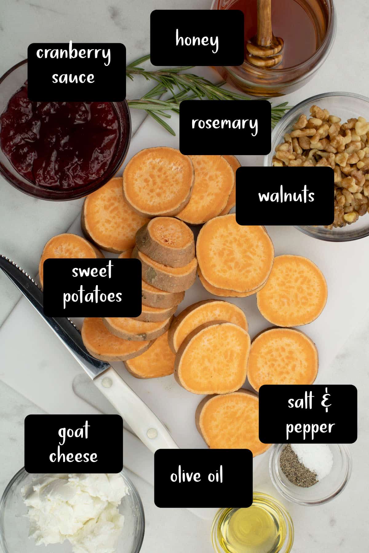 Ingredients to make sweet potato bites on a white table.