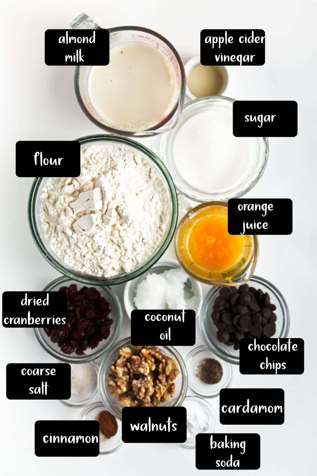 Labeled ingredients for cranberry walnut bread recipe.
