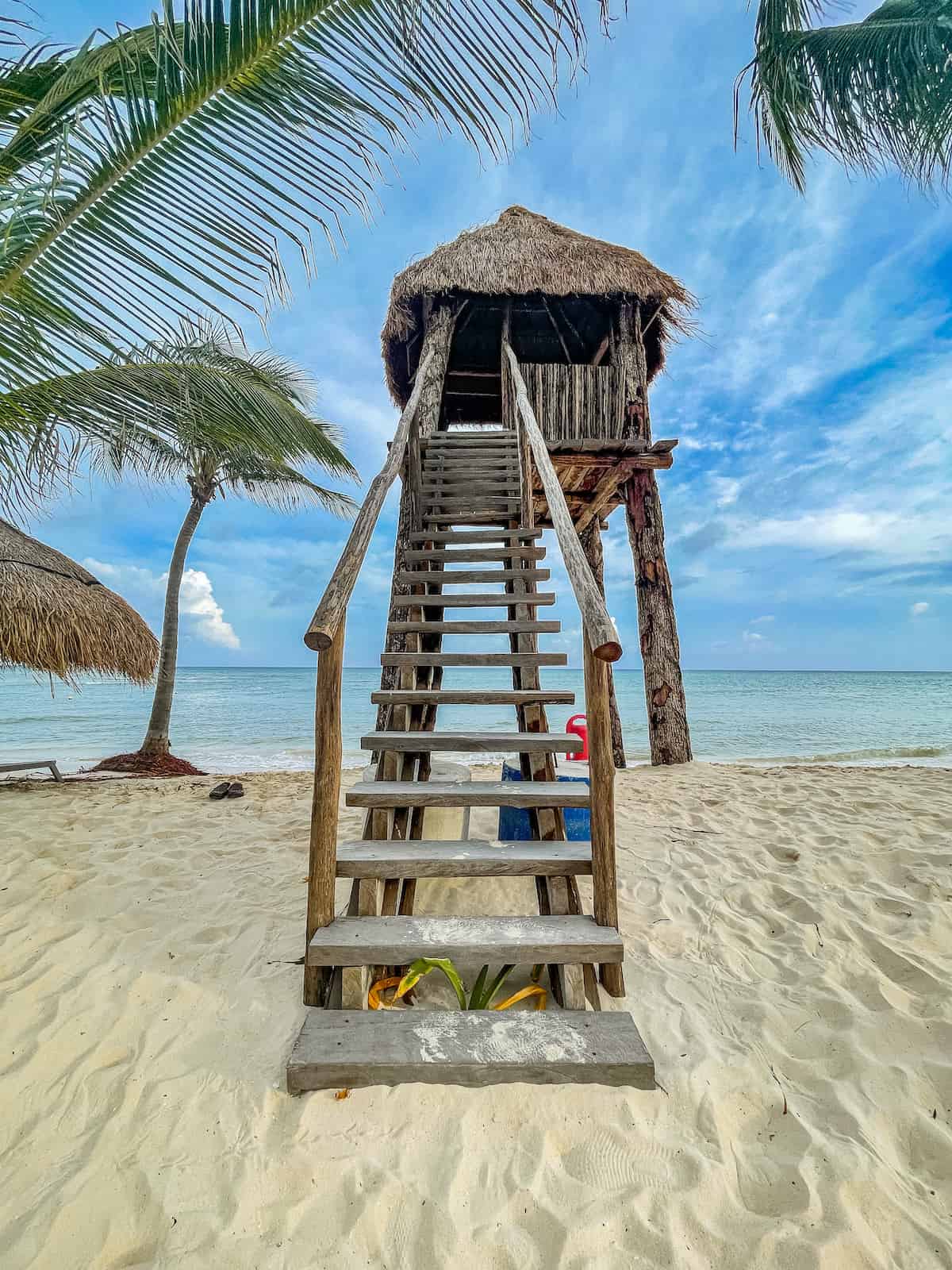 Lifeguard stand on beach in Mexico.